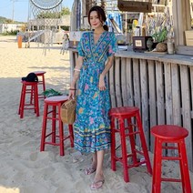 에메랄드 블루 랩 원피스 해변 롱 스커트 바캉스 바다 여행 여름 반팔 드레스