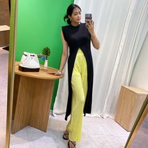 이엘이엘 / (2color) 앞트임 드랍 어깨패드 나시 롱 티셔츠