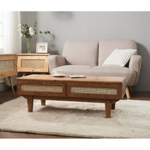 라탄문양 거실 서랍테이블(100cm 2컬러) 목재 명품 빈티지 쇼파용 좌식 티, 베이지