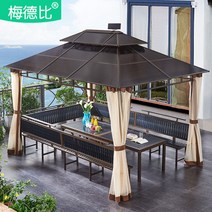 방갈로 원두막 바베큐장 Medby 야외 전망대 안뜰 빌라 정원 차양 지붕 테라스 파빌리온 농가 레저 캐노피, [13] 4 x 4 미터 3면 좌판 플라스틱 나무 테이