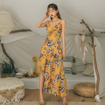 헤링본 플라워 끈 나시 프릴 언발 롱 비치원피스 HC401