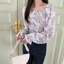 오슈 여름 고급스런 단정한 미술관 스모크 플라워 블라우스