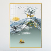 아트블루 돈 들어오는 사슴 보름달 황금 돌 그림 풍수 인테리어 액자, [3]황금 나무 사슴 배 민트색