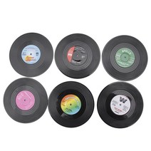 패션 비닐 실리콘 레코드 레트로 CD 타입 음료 코스터 컵 매트 6pcs/ set, M, 검은색