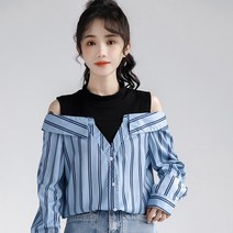 데일리 미니멀 프렌치 유니크 캐주얼 스트라이프셔츠 언발 오픈숄더 여리여리 모던 루즈핏