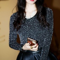 마스터즈 봄 가을 금색 은색 실크 반짝이 라운드넥 슬림 티셔츠