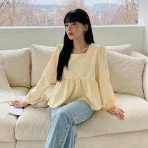 여자 스퀘어넥 퍼프 소매 1단 캉캉 프릴 긴팔 블라우스