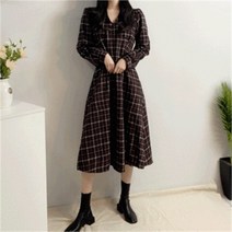 셀러허브 패션 [비위치] [울 함유!] 모직 고방 체크 브이넥 롱원피스