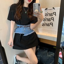 여름 패드 프린트 티셔츠 원피스 데님 벨트 허리 커버 패션 투피스담는다.