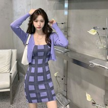 크롭 가딘건 스퀘어 체크 미니 원피스 세트