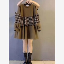 블랙 체크 체커보드 오프숄더 스웨터 긴팔 미니 원피스 기모