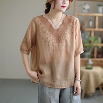 브이넥 린넨셔츠 자수 면린넨 클래식 티셔츠 빅사이즈 여성의류 뚱뚱한 펀칭 러플 반팔 언발 상의 여름 4696252194
