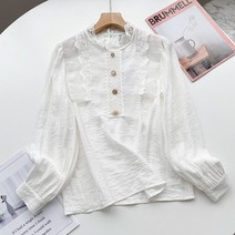 긴소매 스탠딩카라 레이스 봄 펀칭 러플 싱글 버튼 장식 화이트 와이셔츠 여성 FAC 2104605153