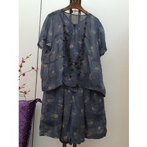 [오늘배송] 준희 린넨 플라워 랩 블라우스 밴딩 반바지 세트 (네이비) s851663