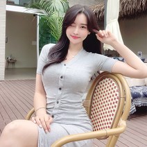 셔링단추 반팔롱원피스 브이넥 데일리 데이트 파티 하객 호캉스룩