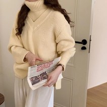 DFMEI 가을 겨울 한풍 풀오버 솔리드 스웨터 터틀넥 코트 넥워머 탈부착 루즈핏 니트 브이넥