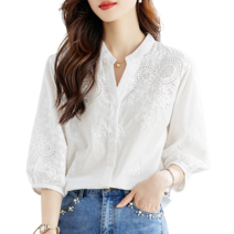 브이넥자수펀칭블라우스여칠부소매순면상의셔츠 뉴타임즈 Z466C022