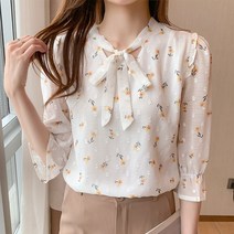 밴딩 소매 컬러 꽃 패턴 4컬러 S-2XL 21jn0271 리본넥 여자 블라우스