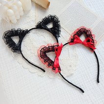 슬로우베베 에이씨 리본프릴 고양이 할로윈 머리띠 3컬러 여성 여아 고양이귀 파티 헤어머리띠 헤어밴드 머리장식 축제 단체의상 촬영소품 인생네컷, 블랙레드