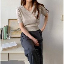 4colors 썸머 뱀부 여자 여름 기본 이너 브이넥 반팔 시보리 세미 크롭 니트 티