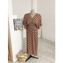 잇지 양브이넥 왕도트 스모크 밴딩 반팔 롱 원피스(3color)
