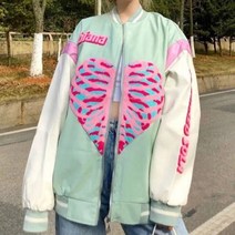 저렴한 블루 제이스 여성 패션 빈티지 핑크 하트 프린트 야구 재킷 코트 스트리트웨어 여자 트렌드 유니폼