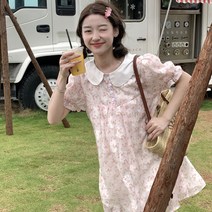 키작녀 원피스 키작은 여자 일본 소프트 소녀 인형 컬러 퍼프 슬리브 여름 루즈핏 슬림 플라워 스커트 인형 스커트