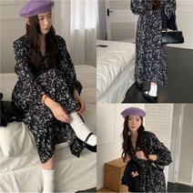 블랙 스몰 플라워 브이넥 스트링 원피스 니트 조끼 세트