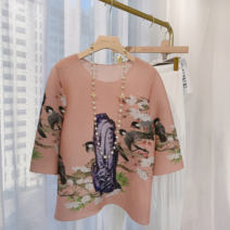 [플리츠나무] 진경산수화 살구색 플리츠 반팔 티블라우스