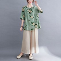 중년 엄마 여름 면 마 세트 사이즈 반팔 투피스 여성 개량복장