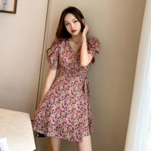 [하나비] 오히지네흐 여성 여름 쉬폰 플라워 앞트임 옆 라인 리본 언발 헝제 원피스
