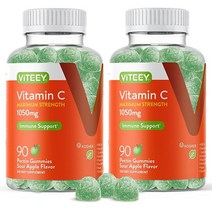 Viteey 비타민 C 젤리 1050mg 부스터 비건 식물 기반 펙틴 성인 남성 여성 청소년 그린 애플 맛 90개 2팩 177668, 90 Count (Pack of 2) -용량 및 사이즈