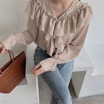 셀러허브 여성패션 [오노마] ONM 숄더 프릴 꽃무늬 쉬폰 블라우스 여성 봄 데이트 코디