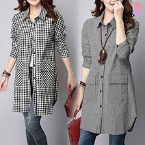 77우먼스 여성 세인트셔츠남방 2컬러 빅사이즈 기본 베이직 체크 패턴 무늬 세미롱 상의 세인트 셔츠 남방 이월 이월상품 [리현커머스]