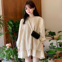 [당일배송] Tamina 쇼트 원피스 라운드넥 레이스 면 혼방 등롱소매 루즈핏