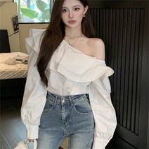 besteffie 여성 가을 블라우스 언발 사선 벌룬소매 오프숄더 루즈핏 프릴 하객 블라우스셔츠 봄 B21