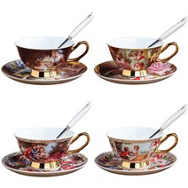 로로스키니 명화 북유럽 본차이나 커피잔 세트 4인 수입 명품 에스프레소 카페 라떼 카푸치노 잔, 4인세트(컵4+받침4+티스푼4)