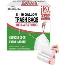 BEIDOU-PAC 30.5-37.9L(8-10갤런) 드로스트링 쓰레기 봉투 120개 멀티폴드 롤 쓰레기 봉투 대형 주방 쓰레기 봉투 무취 튼튼한 흰색 플라스틱 음식 스크, White 8-10 GAL