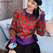 캐시미어가디건 울캐시미어카디건 일본 스웨터 여자 봄 o 넥 긴 소매 히트 컬러 러브 하트 다이아몬드 니트 탑스