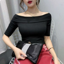 여름 시크 상의 t셔츠 여성 달콤하고 맵다 보이핏 볼륨 디자인감각 스키니핏 슬림 숏 오픈숄더 오프숄더 어깨트임 반팔