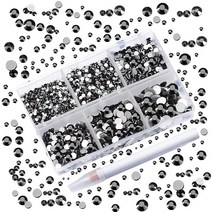 AD Beads 4300피스 플랫 백 네일 아트 라인스톤 라운드 비즈 6가지 사이즈 (26.5mm) 보관 정리함 상자 포함 폰 장식 공예 DIY용 피킹 펜 (혼합 색상) 441, Black