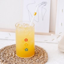 레트로유리컵 빨대세트 꽃무늬 유리컵 300ml, 오렌지