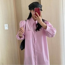 [워니쇼룸]퍼프롱셔츠원피스 루즈핏 스트라이프 카라 롱남방 줄무늬 포인트룩 봄옷 패턴