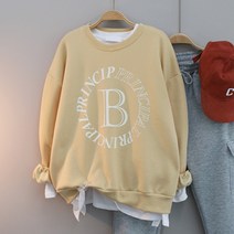 여성용 오버핏 기모티 B프린팅 루즈핏 기모 맨투맨 도톰한 라운드티 긴팔티