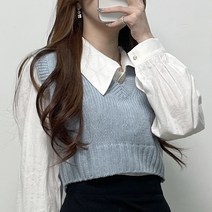 캔디 니트 조끼 5ol 울 브이넥 크롭 미니 숏 심플 베이직