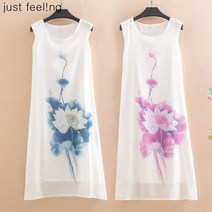 just feel!ng 여성 시원한 민소매 연꽃 프린팅 원피스 여름 슬림핏 빅사이즈 이너 원피스 심플 화이트