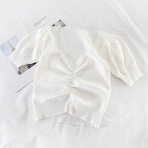 크롭티셔츠 진주 다이어리 여성 니트 반팔 셔츠 프런트 v넥 캐주얼 크롭 탑 솔리드 컬러 패션 숏