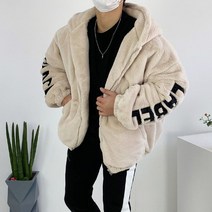 오버핏 소매 벨벳 자수 레터링 커플 밍크 퍼 후드 집업 패딩 점퍼 3color