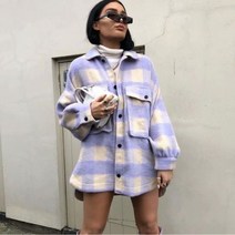 여성 봄 체크 자켓 코디 모직 코트 버튼 포켓 스트릿 루즈핏