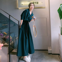 햅번 스타일 드레스 여성 여름 2023 새로운 프랑스 셔츠 스커트 허리 슬리밍 슈퍼 긴 발목 롱 스커트